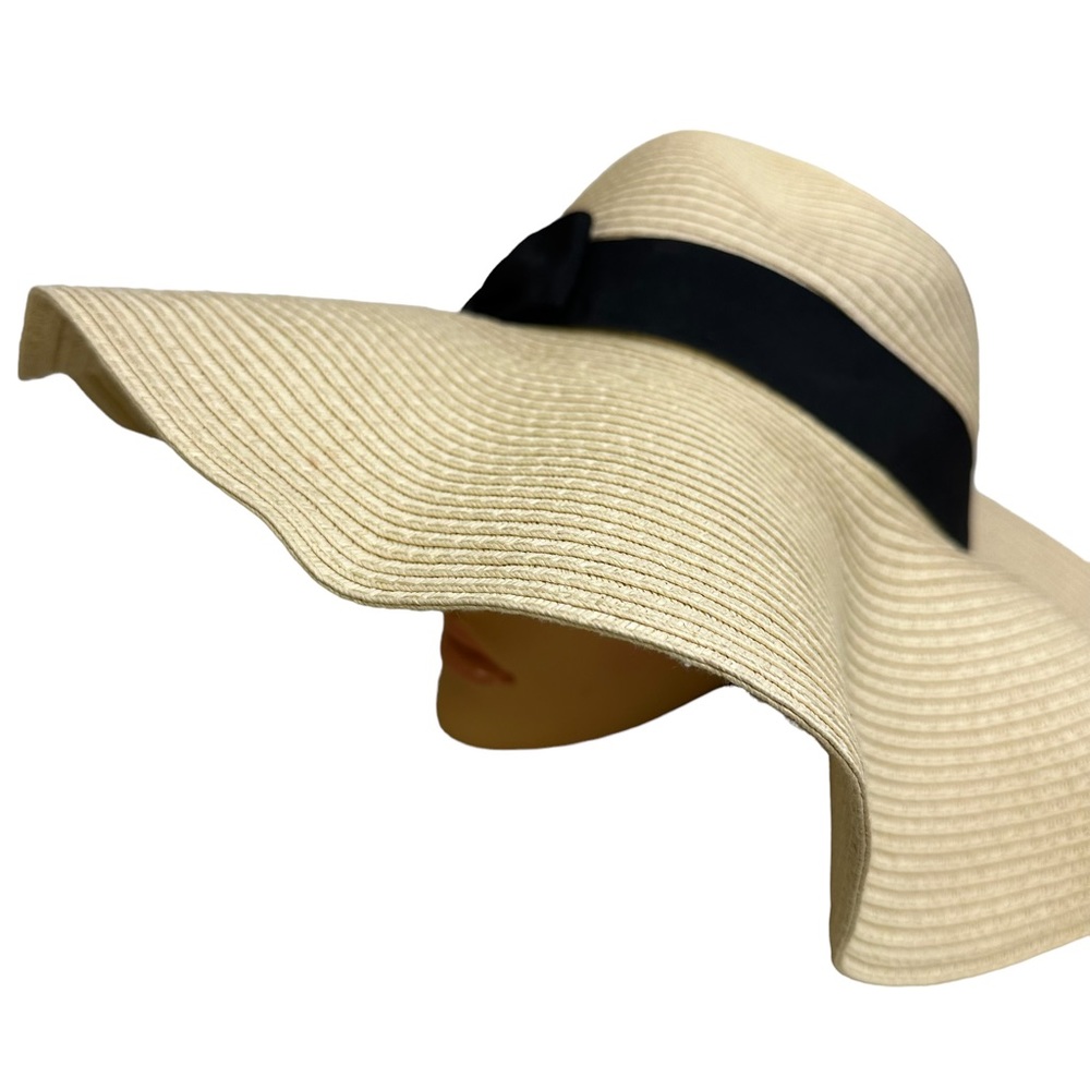 Serra Straw Paper Poly Floppy Wide Brim Hat Cream Black Ribbon Bow One Size